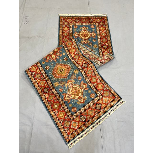 Blue and Rust Red Kazak Wool Runner Rug, Tribal Hallway Rug, 2'9" X 9'9" For Sale - Image 11 of 16
