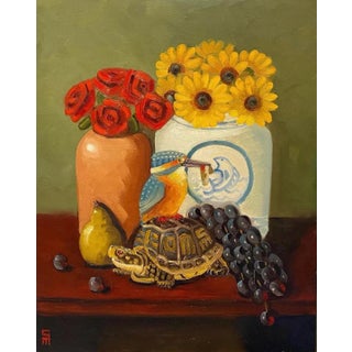 "Kingfisher Box Turtle Still Life" Contemporary Original Oil Painting on Canvas by Stephen McDonough For Sale