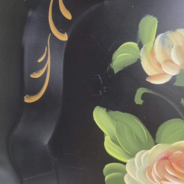 Black Large 1950s Hand Painted Toleware Tray Black Metal Floral Serving Tole Fine Arts Studio For Sale - Image 8 of 14
