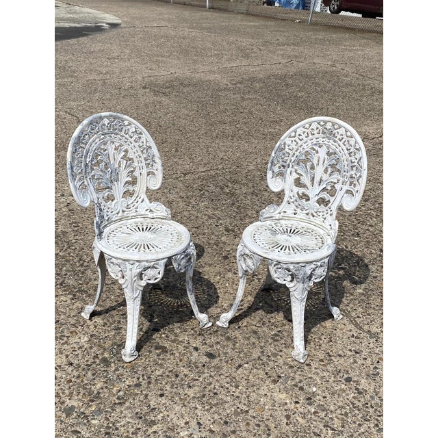 Contemporary Cast Aluminum Antique/Victorian Style White Painted Outdoor Garden Bistro Small Side Chairs - a Pair. Circa...
