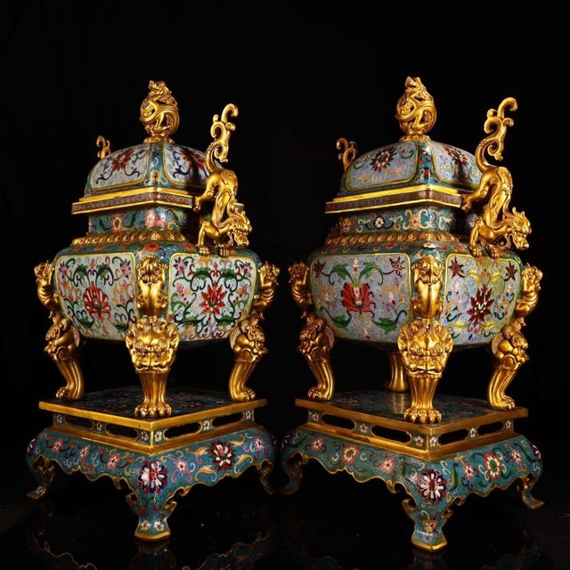 Traditional Late 20th Century Pair of Gilt Bronze Cloisonné Enamel Incense Burners With Stands For Sale - Image 3 of 10