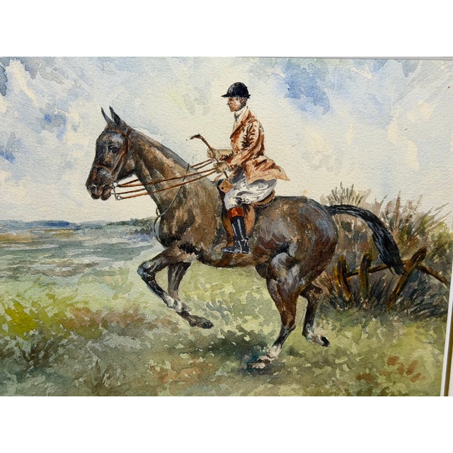 British Sporting School, Circa 1990 – The Huntsman on a Bay Hunter – Equestrian Watercolor Gilt Framed & Mounted For Sale - Image 11 of 11