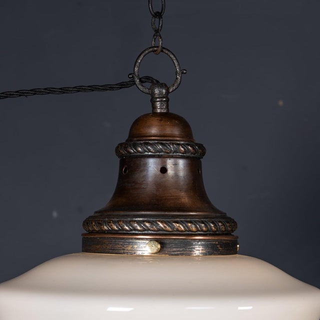 Vintage 20th Century English White Opaque Glass & Copper Pendant Light, 1930s For Sale - Image 6 of 10