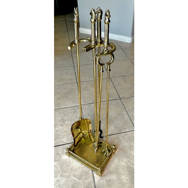 1970s Equestrian Cast Brass Fireplace Tools Horse Head Motif For Sale - Image 5 of 16