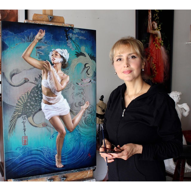 This oil painting on Belgian linen captures a dancer in a moment of graceful movement, her body adorned in delicate...