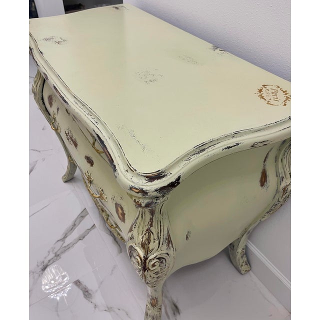 Shabby Chic Distressed Green French Provincial Bombe Chest — Louis XV Style, Vintage Serpentine Dresser For Sale - Image 3 of 9