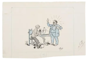 Family Scene, Original China Ink and Watercolor, Mid-20th Century
