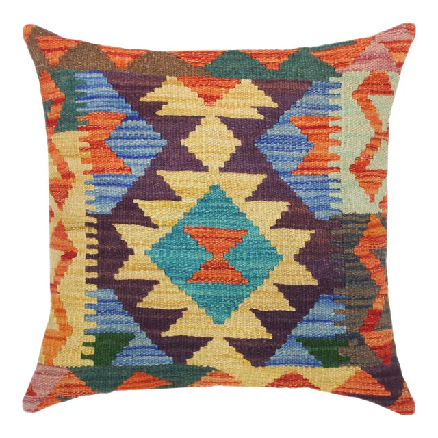 Boho Chic Turkish Mariette Hand Woven Kilim Throw Pillow For Sale