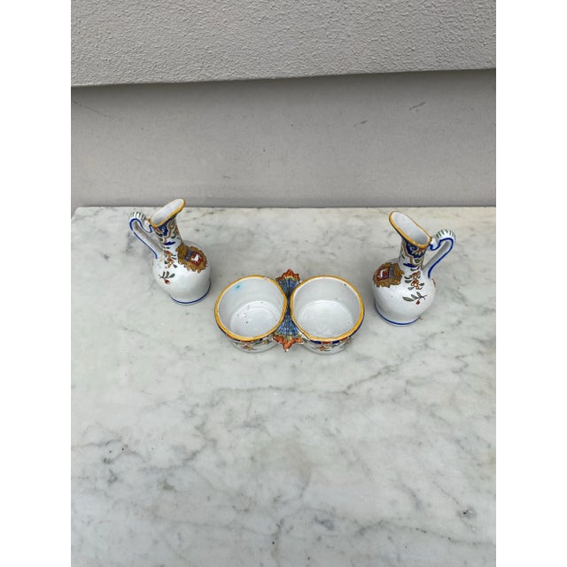 Set of French Faience Oil & Vinegar Pitcher & Holder Desvres For Sale - Image 4 of 5