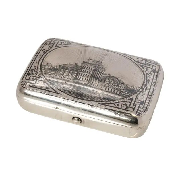 Metal Antique Engraved 84 Silver Niello Tobacco Case Box, 1886 For Sale - Image 7 of 11
