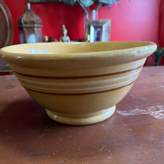 Antique Farmhouse Yellowware Large Mixing Bowl, With Brown and Cream Banding, Circa 1850's For Sale - Image 12 of 12