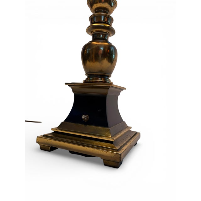1960s MCM Torchiere Lamp Stiffel, Candle Stick Neoclassical Brass Finish With Original Shade & Finial. 3-Way Elc. For Sale - Image 6 of 12