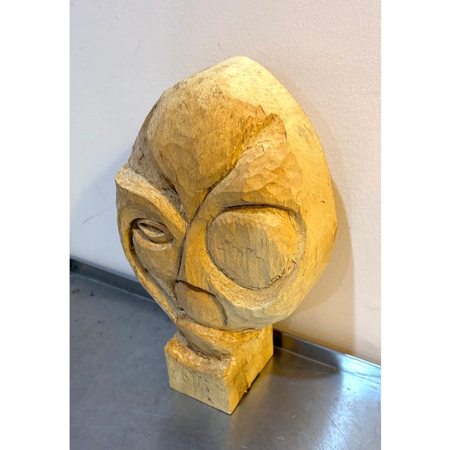 Carved Abstract Tribal Head Chainsaw Art Sculpture For Sale - Image 4 of 4