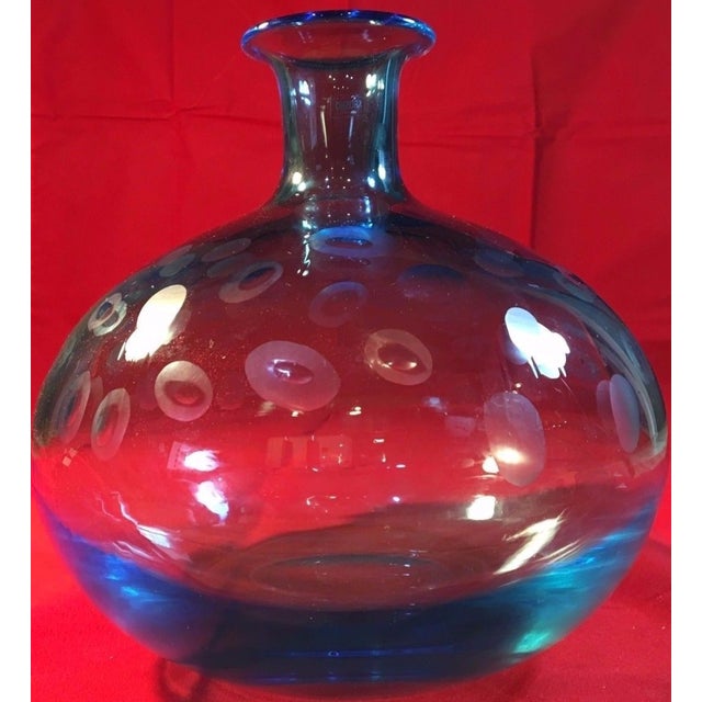 Vintage Krosno HandBlown Etched Oval Pattern Blue Glass Vase Chairish