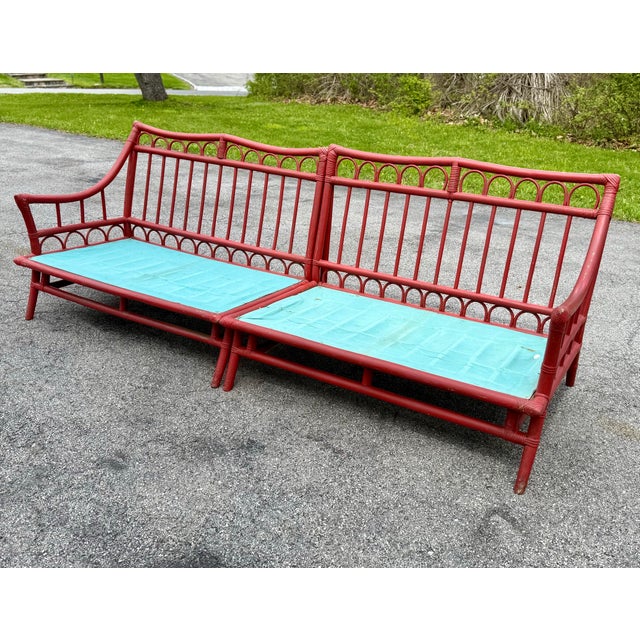 1950’s Ficks Reed / McGuire Style 2-Piece Sectional Sofa in Red For Sale - Image 12 of 12
