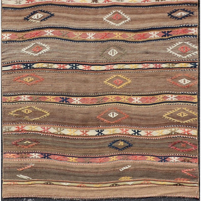 Geometric Stripe Design Turkish Vintage Kilim Rug in Warm Earth Tones For Sale - Image 9 of 12