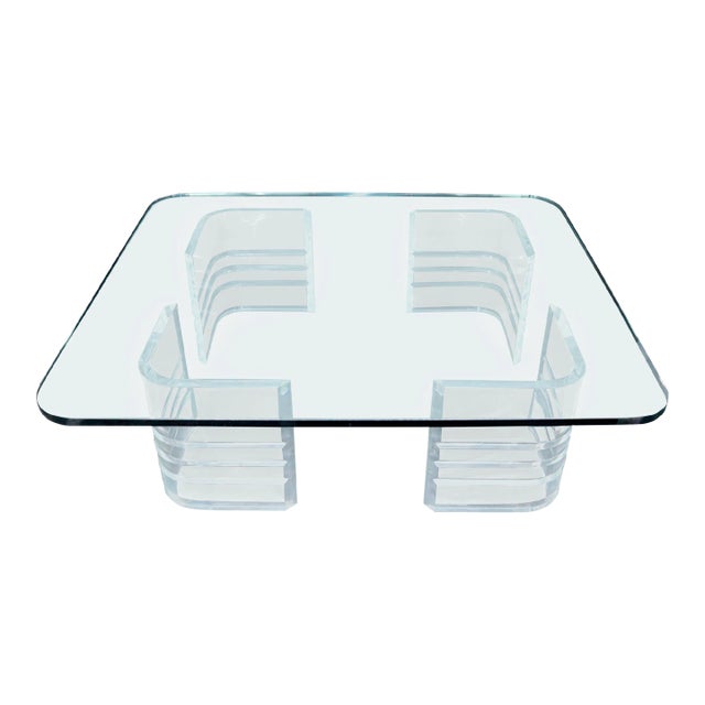 Large Wide Rectangle Rounded Corners Thick Glass Coffee Table For Sale