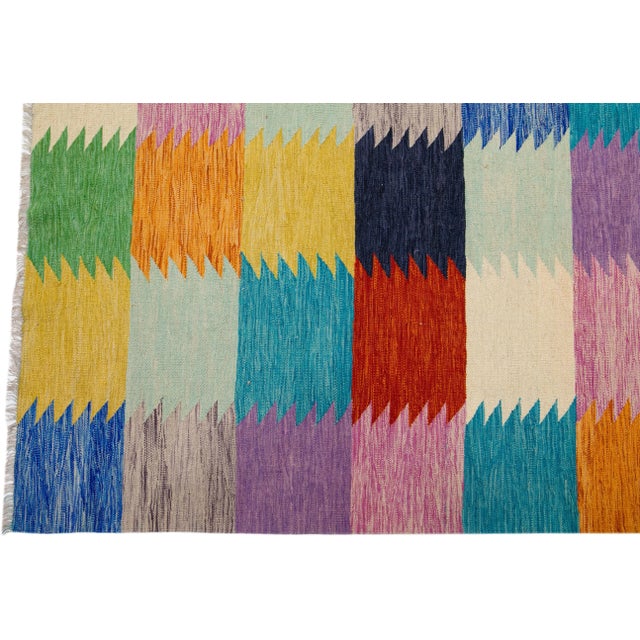 Multicolor Geometric Modern Flatweave Kilim Wool Rug For Sale - Image 4 of 7