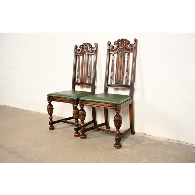 English Berkey & Gay Antique English Jacobean Carved Walnut Side Chairs or Dining Chairs, Pair For Sale - Image 3 of 16
