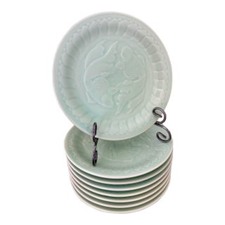 Vintage Chinese Celadon Longquan Porcelain Koi Fish Dinner Plates - Set of 8 For Sale