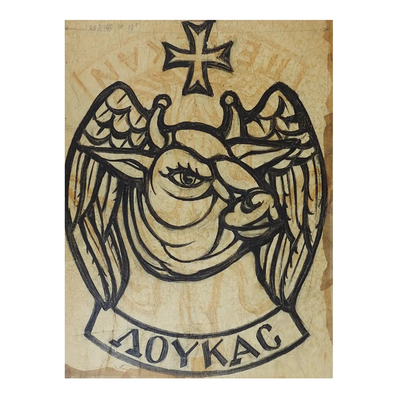 Vintage Stained Glass Design on Paper St Luke Ox Distressed Drawing ...