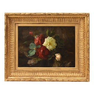 Jean-Marie Poy, Still Life Flowers Vase Red and White Roses, 1800s, Oil on Canvas For Sale