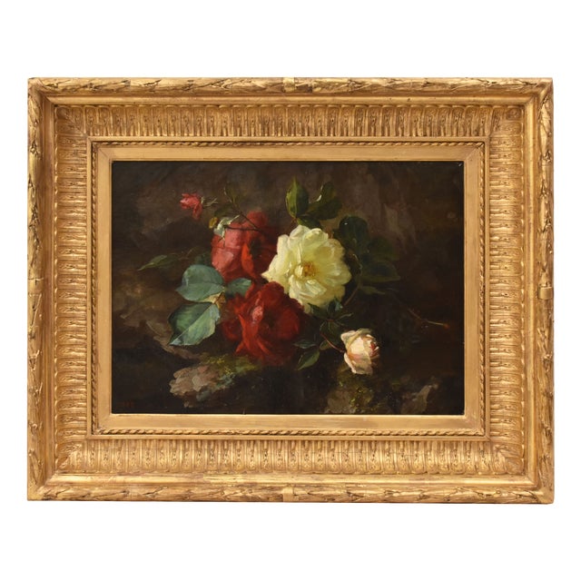 Jean-Marie Poy, Still Life Flowers Vase Red and White Roses, 1800s, Oil on Canvas For Sale