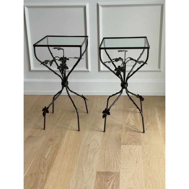 Vintage Sculptural Wrought Iron Ivy Leaf Glass-Top Side Tables by Scully & Scully – Pair For Sale - Image 4 of 10