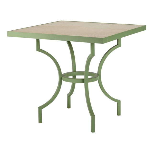 Italian Alnilam Outdoor Table with Travertine Top and Hand-Bent Metal Base For Sale