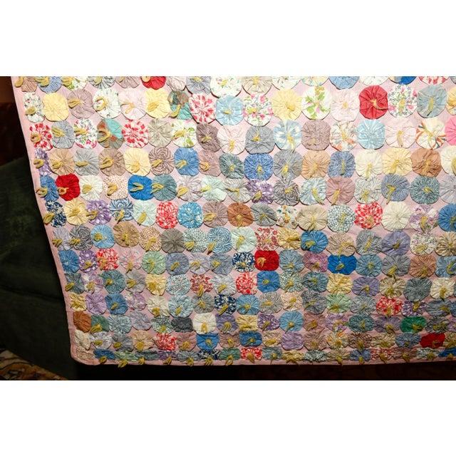 Antique 1930s Yo Yo Quilt Coverlet | Depression Era Feed Sack Fabrics | 49x72 | Cottagecore Folk Art Textile For Sale In Washington DC - Image 6 of 13