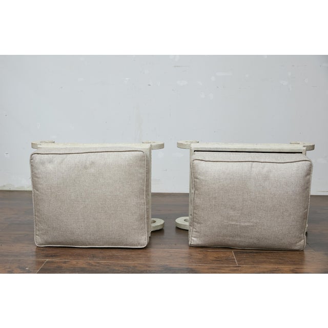 Pair of 1920s Continental Upholstered Ottomans with Carved S-Scroll Bases For Sale - Image 10 of 11