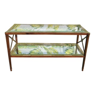 Vintage Wood X Side Glass Top and Bottom Green Shell Painted Console Table For Sale