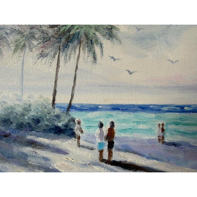 Charming vintage oil on canvas painting by H. Cole, depicting a serene tropical beach scene with palm trees, turquoise...