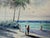 Charming vintage oil on canvas painting by H. Cole, depicting a serene tropical beach scene with palm trees, turquoise...