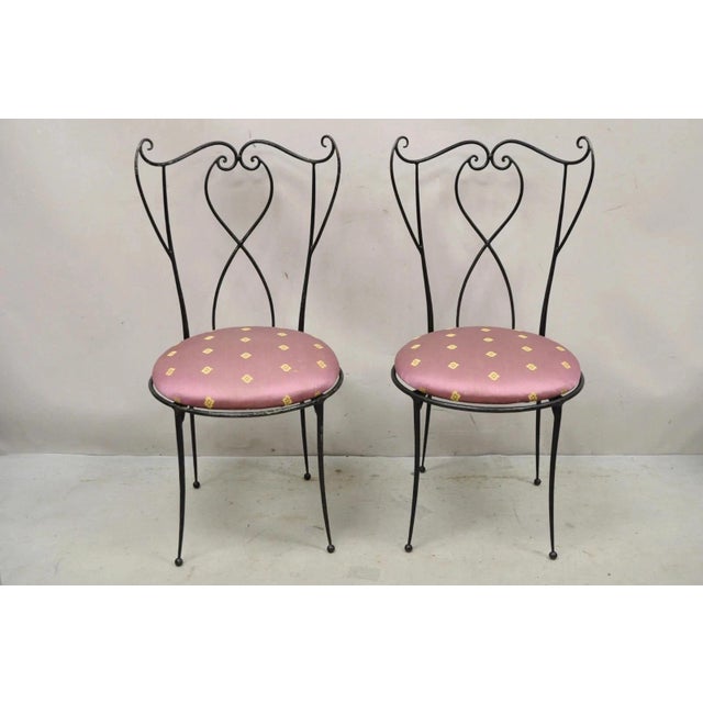 Vintage Salterini Style Italian Mid Century Modern Scrolling Wrought Iron Side Chairs - a Pair. Item features shapely...