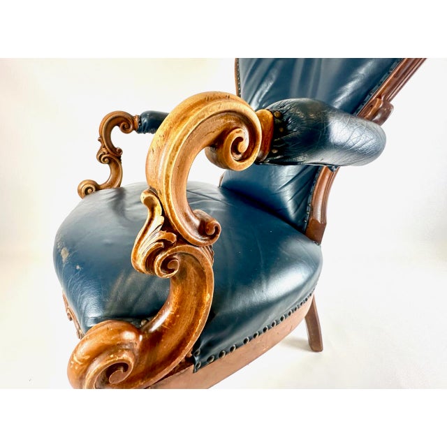 Antique French Armchair in Walnut and Blue Leather, 1890s For Sale - Image 11 of 18