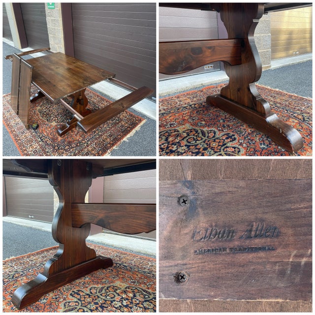 Ethan Allen Old Tavern Antiqued Pine 100" End Extension Trestle Dining Table With Leaves (12-6044) For Sale - Image 9 of 12