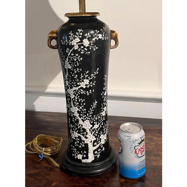 Chinoiserie 1970s Chinoiserie Black and White Cherry Blossom Tall Lamps With Gold Elephant Head Rings - A Pair For Sale - Image 3 of 11