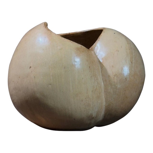 Vintage Postmodernist Beige Glazed Ceramic Vessel, Signed For Sale