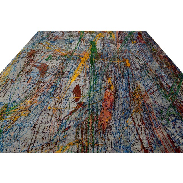 10 X 14 Contemporary Wool and Silk Rug With Multicolored Abstract Design For Sale - Image 4 of 9