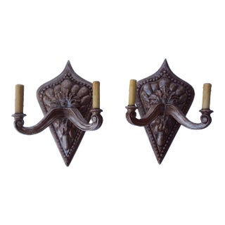 Modernist Carved Wood Sconces With Silvered Finish - a Pair For Sale