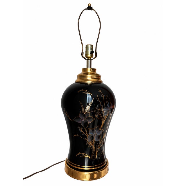 Vintage Black and Gold Floral Ceramic Table Lamp For Sale - Image 10 of 11
