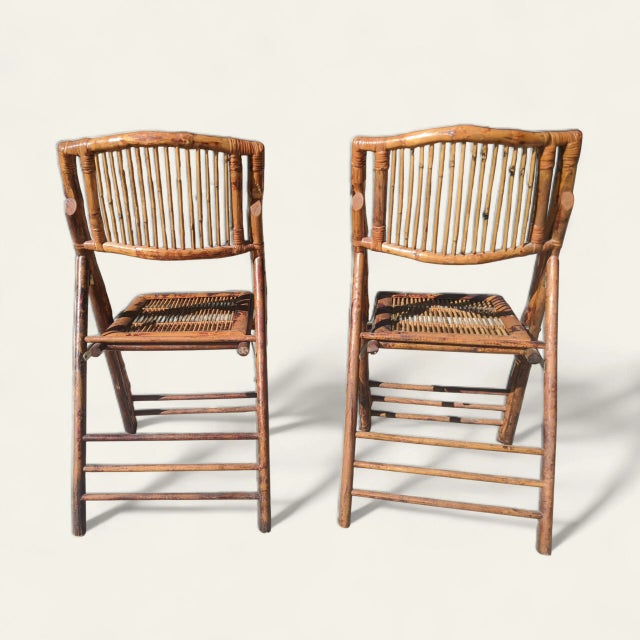 Vintage Coastal Burnt Bamboo Folding Chairs- A Pair For Sale - Image 12 of 13