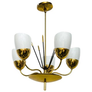 Brass and Glass Five-Arm Chandelier For Sale