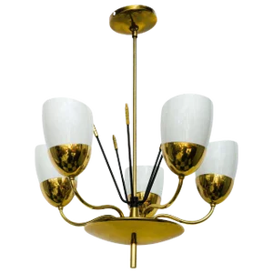 Brass and Glass Five-Arm Chandelier