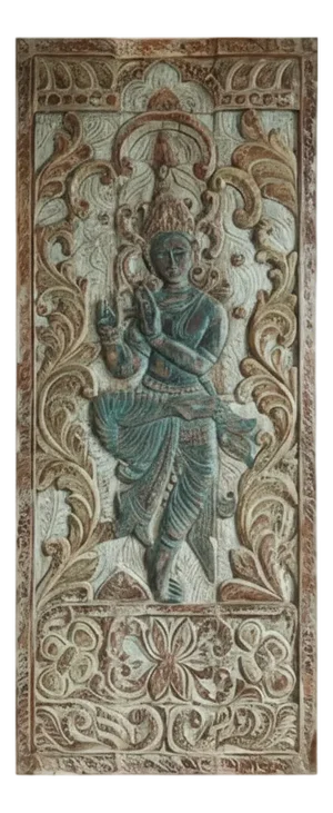 Vintage Krishna Carved Wall Art – Blue Reclaimed Wood Indian Temple Door Panel 83