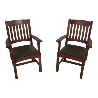 Pair Stickley Mission Arts & Crafts Oak Armchairs For Sale