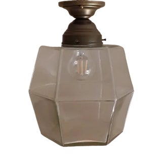 Flat Vintage Ceiling Lamp with Square Glass Screen of Brass Mount, 1970s For Sale