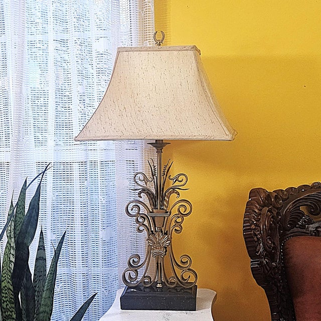 Vintage Maitland-Smith table lamp, handmade in the Philippines, featuring elaborate architectural scrollwork, acanthus-...