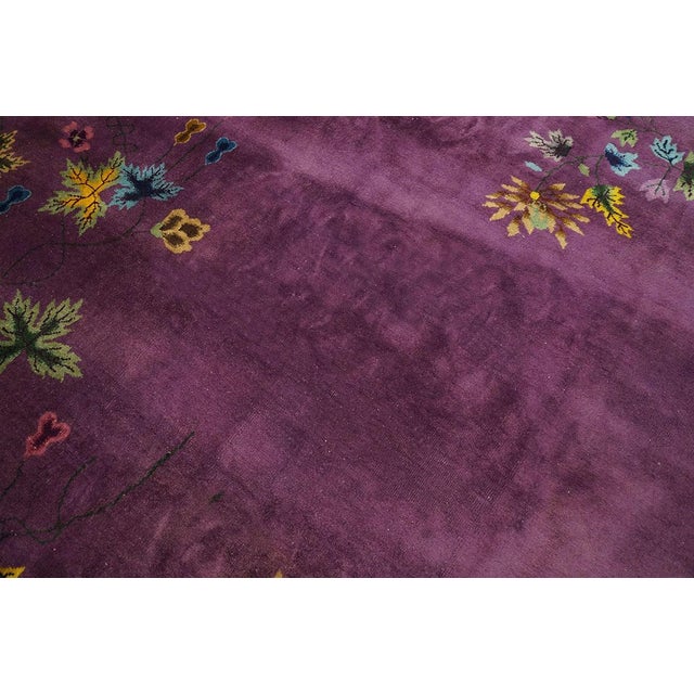 Traditional Purple Open Field With Floral Design Antique Chinese Art Deco Rug For Sale - Image 4 of 7